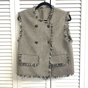 Women’s Sleeveless Blazer Vest Brown Tan Tweed Fringe Office Retro Lined M